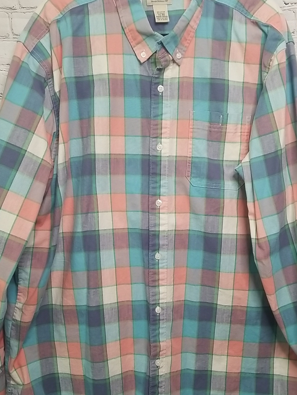 L.L.Bean Mens Shirt XXLarge Blue Coral Aqua Plaid Traditional Fit EUC